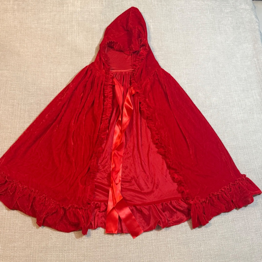 Red Velvet Hooded Cape Little Red Riding Hood Costume Adult Small Ruffle Trim